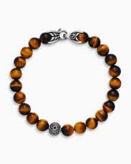 Spiritual Beads Bracelet in Sterling Silver with Tiger’s Eye and Pavé Black Diamond Station, 8mm