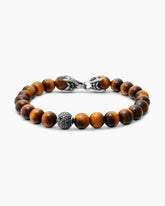 Spiritual Beads Bracelet in Sterling Silver with Tiger’s Eye and Pavé Black Diamond Station, 8mm