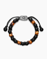 Spiritual Beads Two Row Woven Bracelet in Black Onyx, Tiger’s Eye, Black Nylon and Sterling Silver, 8mm
