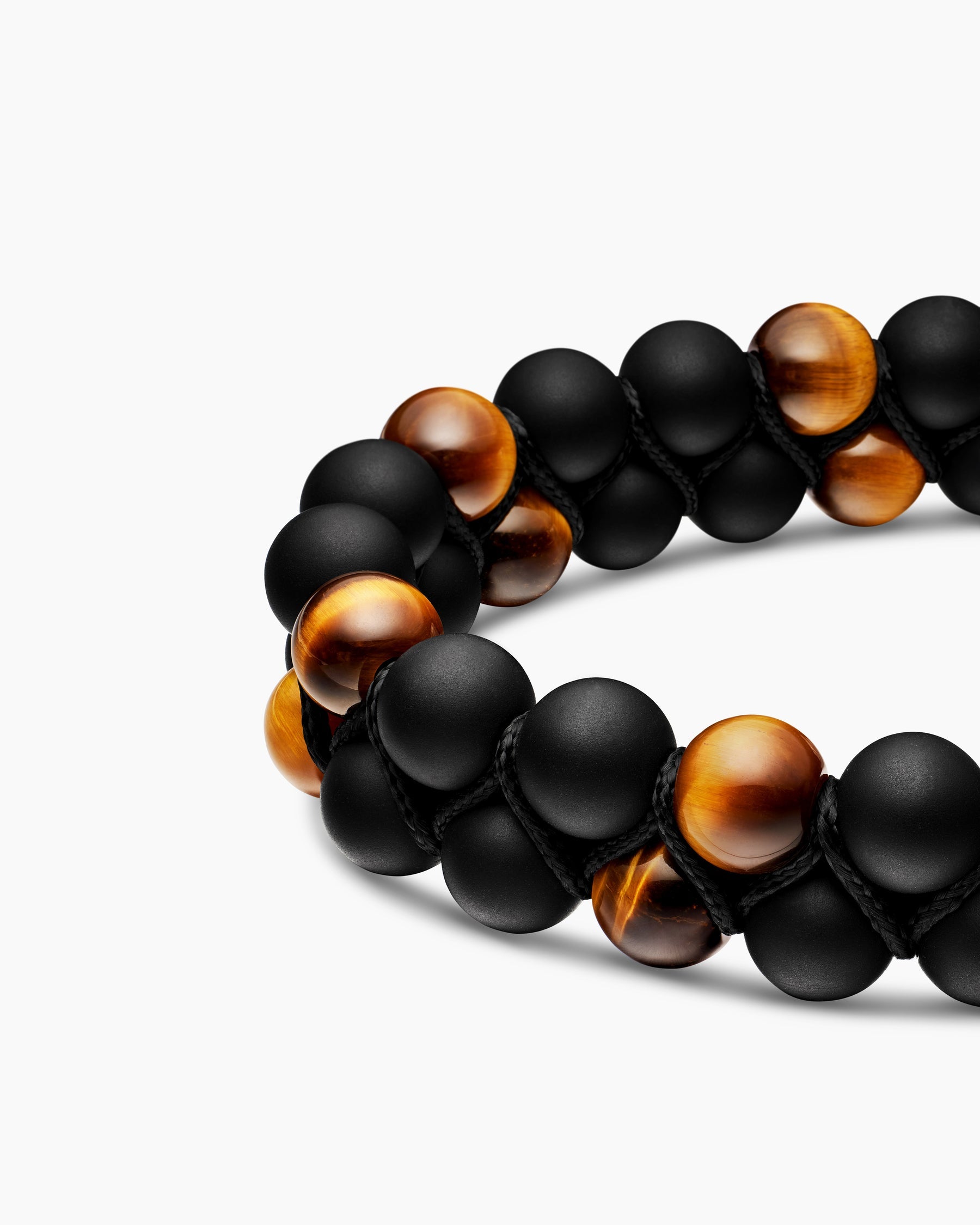 Spiritual Beads Two Row Woven Bracelet in Black Onyx, Tiger’s Eye, Black Nylon and Sterling Silver, 8mm