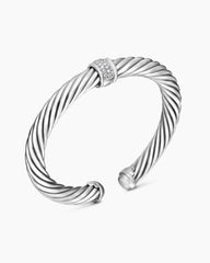 Classic Cable Station Bracelet in Sterling Silver with Pavé Diamonds, 7mm