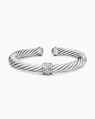 Classic Cable Station Bracelet in Sterling Silver with Pavé Diamonds, 7mm
