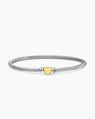 Classic Cable Heart Station Bracelet in Sterling Silver with 18K Yellow Gold, 3mm