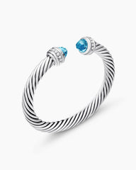 Classic Cable Bracelet in Sterling Silver with Blue Topaz and Diamonds, 7mm