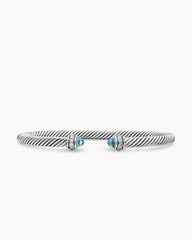 Classic Cable Bracelet in Sterling Silver with Blue Topaz and Diamonds, 4mm