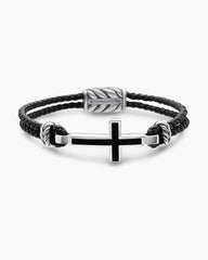 Streamline® Cross Station Bracelet in Black Leather with Sterling Silver and Black Onyx, 3mm