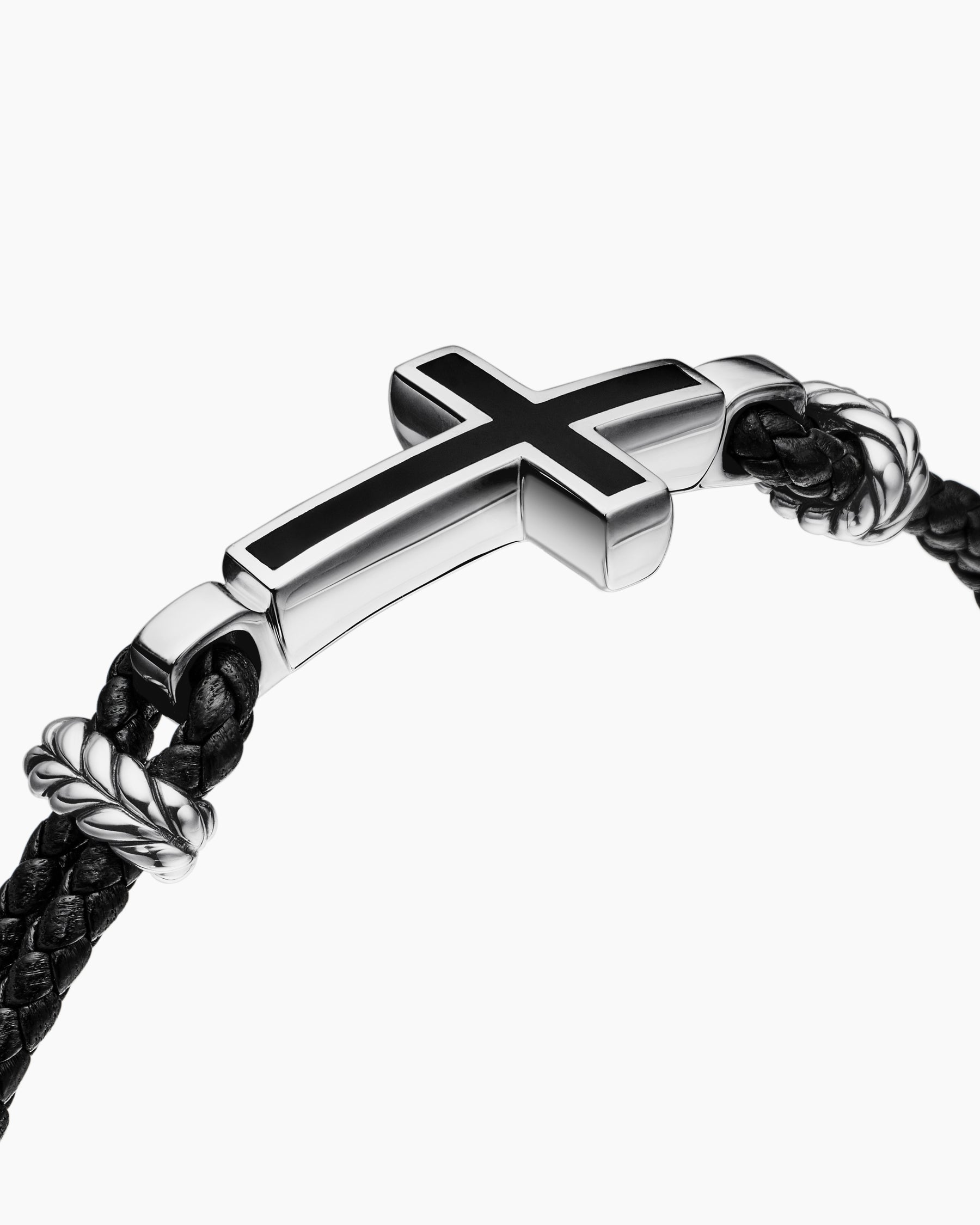 Streamline® Cross Station Bracelet in Black Leather with Sterling Silver and Black Onyx, 3mm