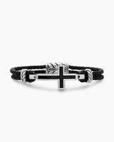 Streamline® Cross Station Bracelet in Black Leather with Sterling Silver and Black Onyx, 3mm