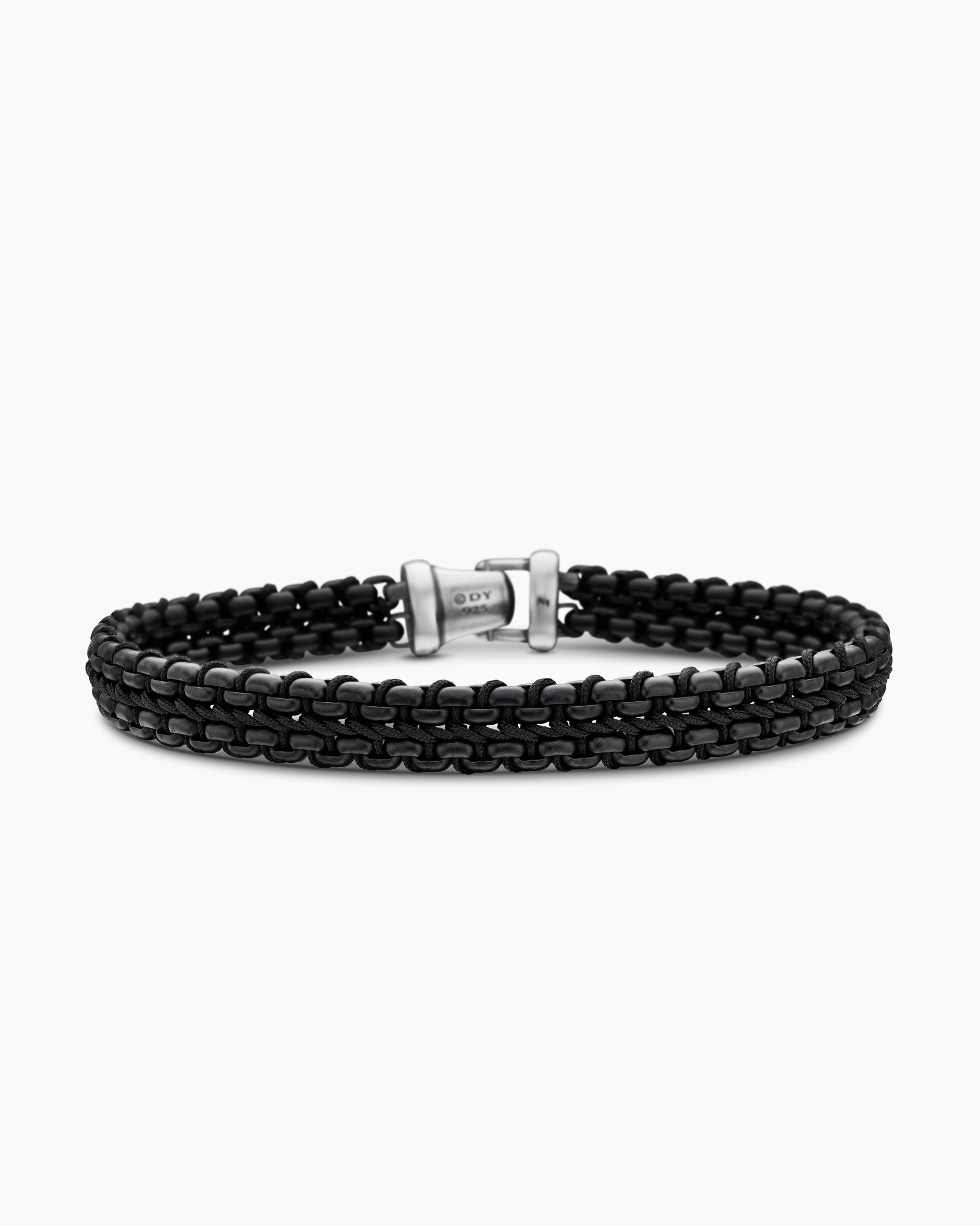 Woven Box Chain Bracelet in Sterling Silver with Black Stainless Steel and Black Nylon, 10mm