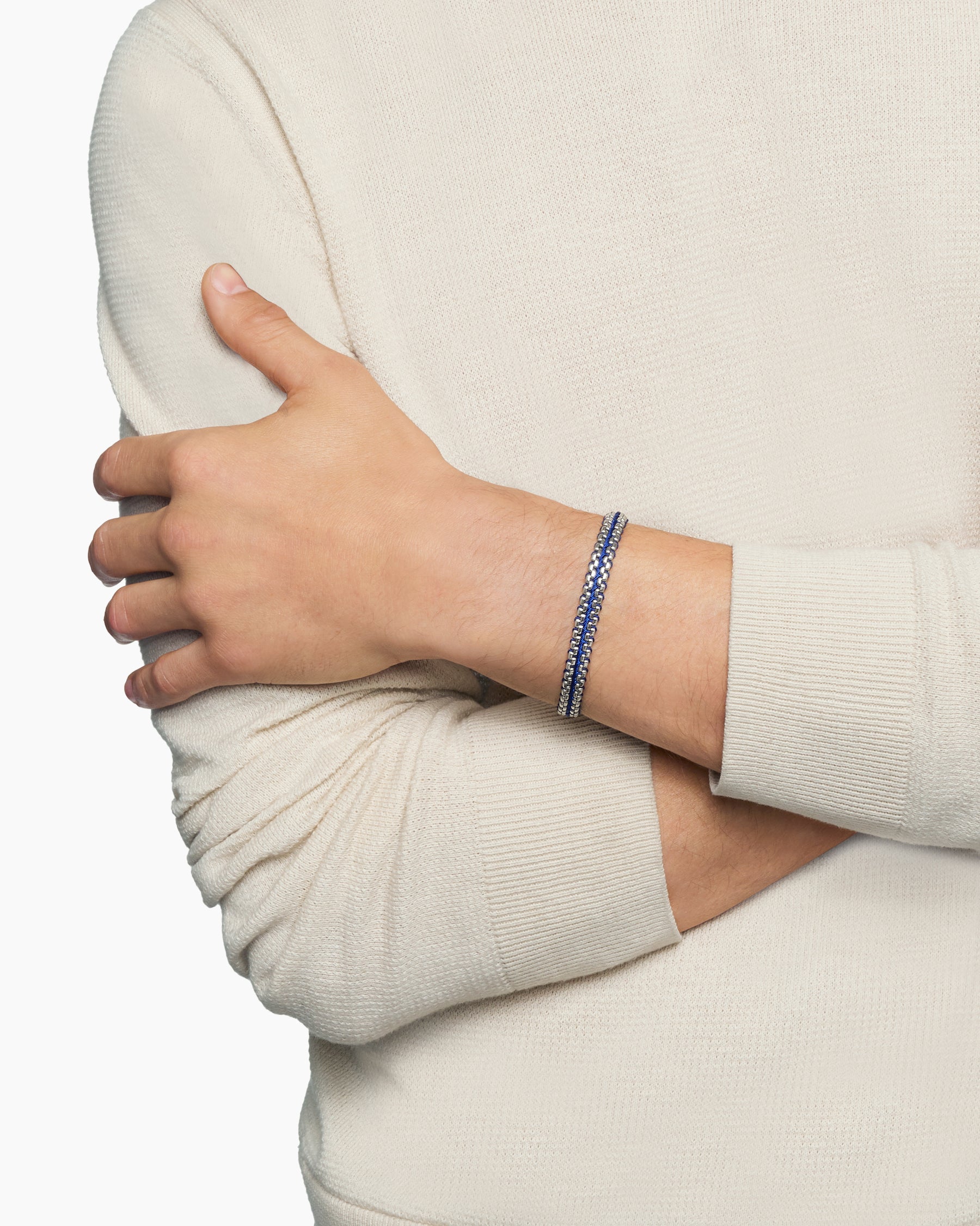 Woven Box Chain Bracelet in Sterling Silver with Blue Nylon, 10mm