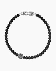 Memento Mori Skull Station Bracelet in Sterling Silver with Black Onyx and Black Diamonds, 4mm