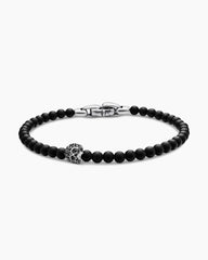Memento Mori Skull Station Bracelet in Sterling Silver with Black Onyx and Black Diamonds, 4mm