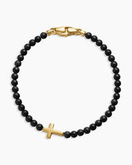 Spiritual Beads Cross Station Bracelet with Black Onyx and 18K Yellow Gold, 4mm
