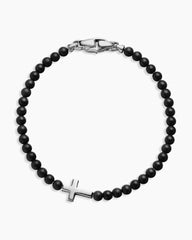 Spiritual Beads Cross Station Bracelet in Sterling Silver with Black Onyx, 4mm