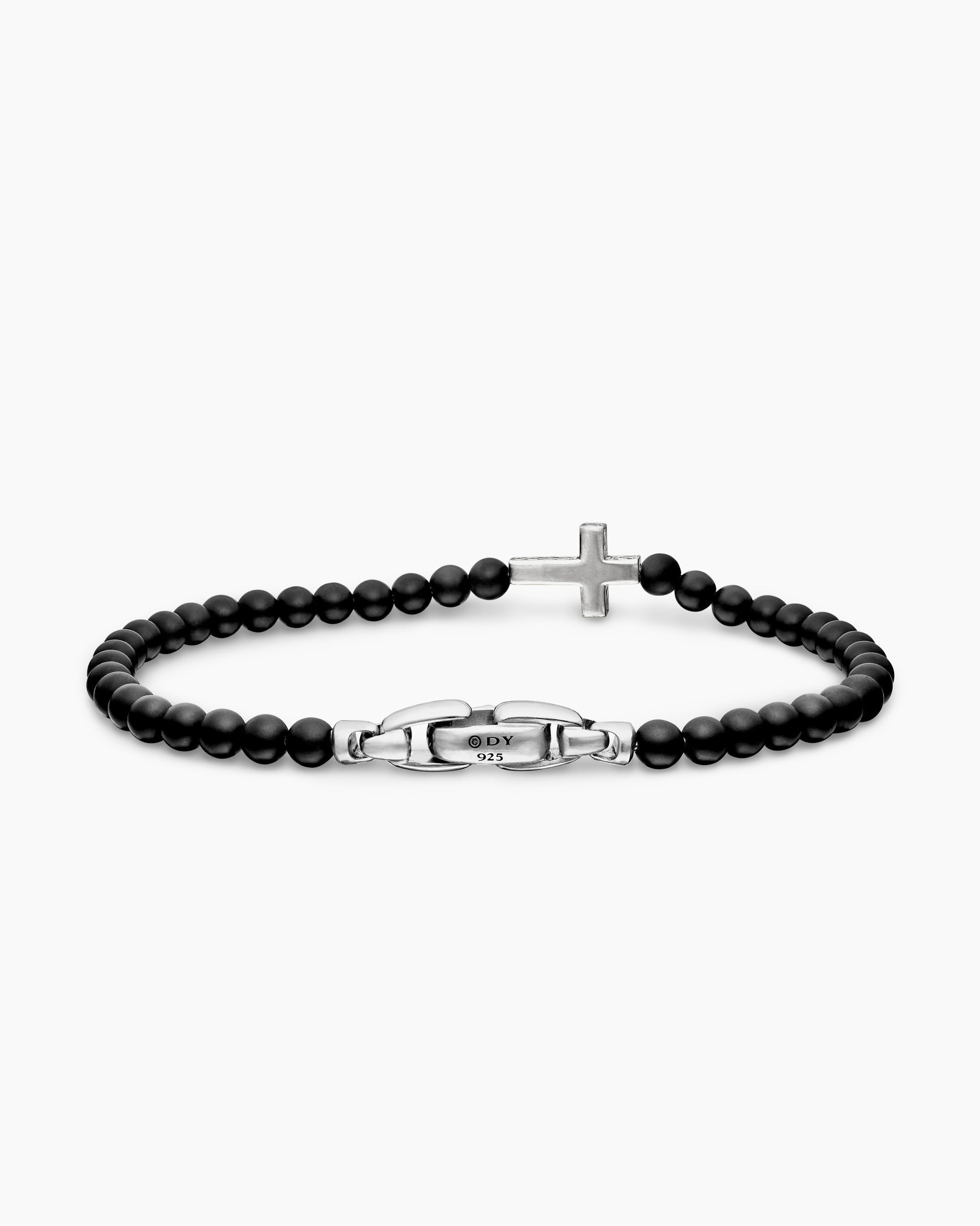 Spiritual Beads Cross Station Bracelet in Sterling Silver with Black Onyx, 4mm