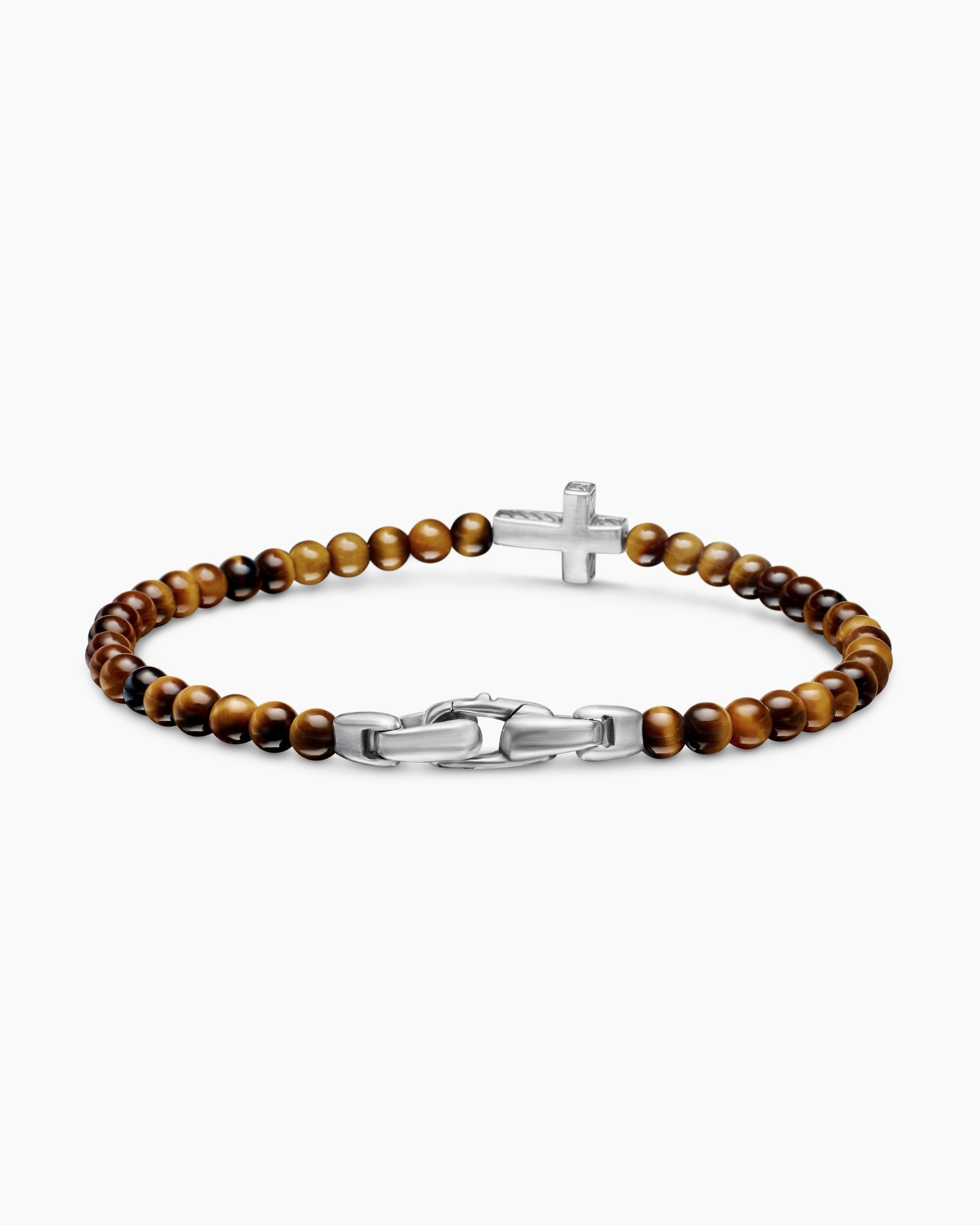 Spiritual Beads Cross Station Bracelet in Sterling Silver with Tiger’s Eye, 4mm