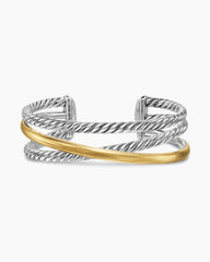 Bold Crossover Three Row Cuff Bracelet in Sterling Silver with 14K Yellow Gold, 19mm