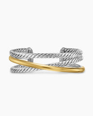 Bold Crossover Three Row Cuff Bracelet in Sterling Silver with 14K Yellow Gold, 19mm