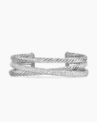 Pavé Crossover Three Row Cuff Bracelet in Sterling Silver with Diamonds, 20mm