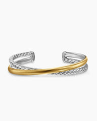 Crossover Two Row Cuff Bracelet in Sterling Silver with 14K Yellow Gold, 10.7mm