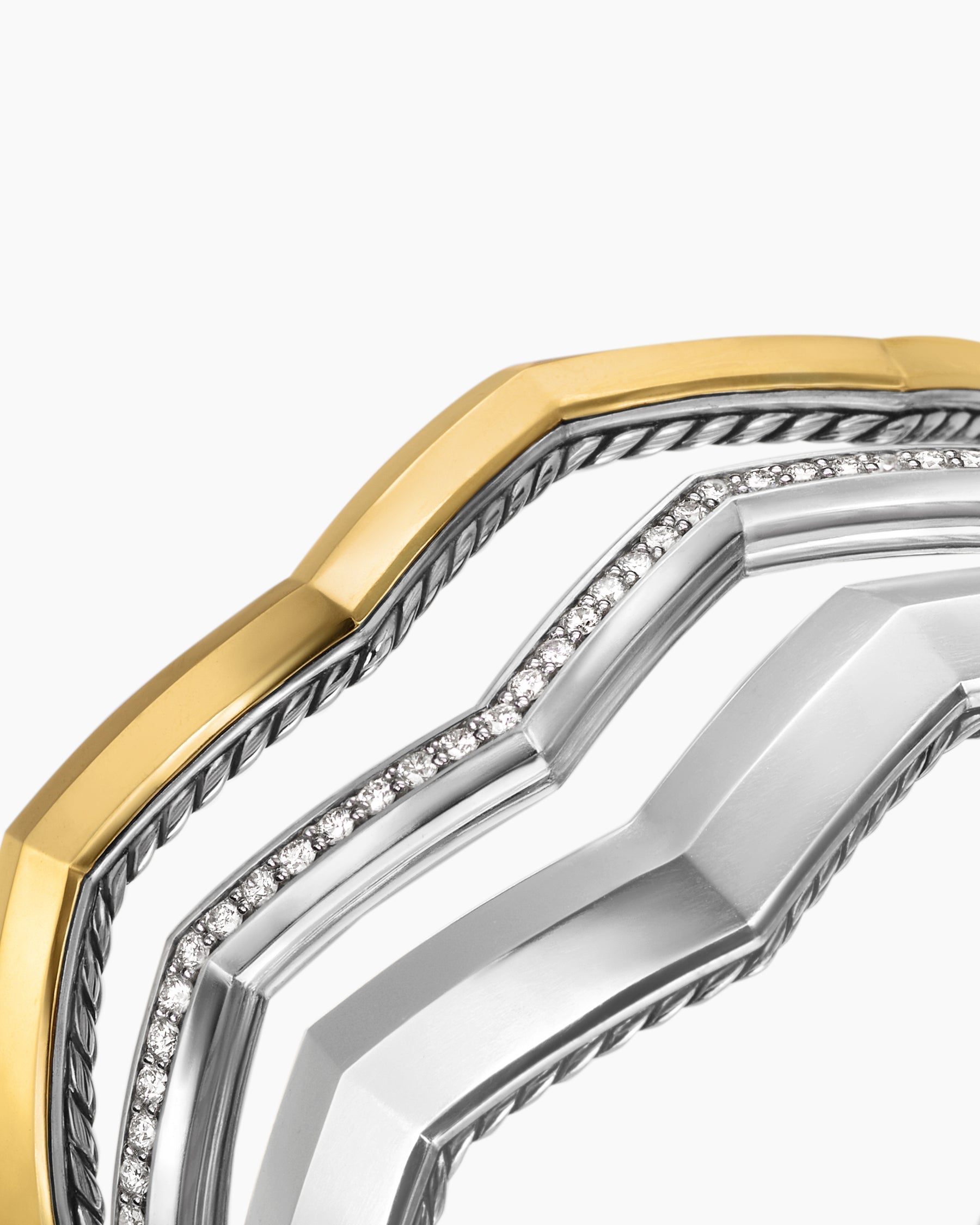 Zig Zag Stax™ Three Row Cuff Bracelet in Sterling Silver with 18K Yellow Gold and Diamonds, 17.4mm