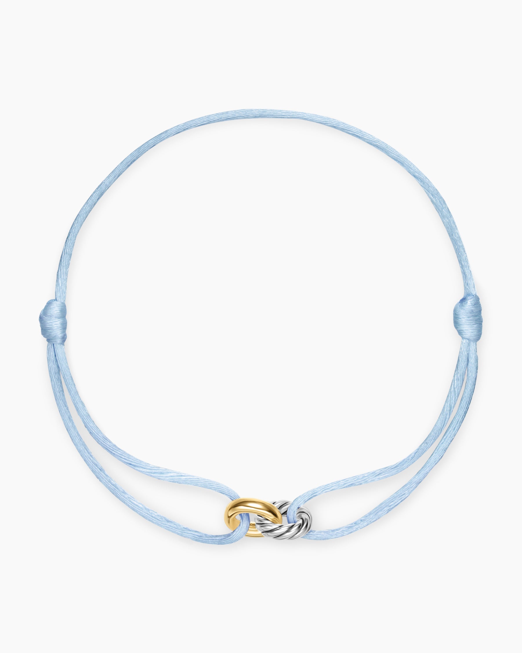 Sculpted Cable Linked Cord Bracelet in Baby Blue Nylon with Sterling Silver and 14K Yellow Gold, 8.7mm