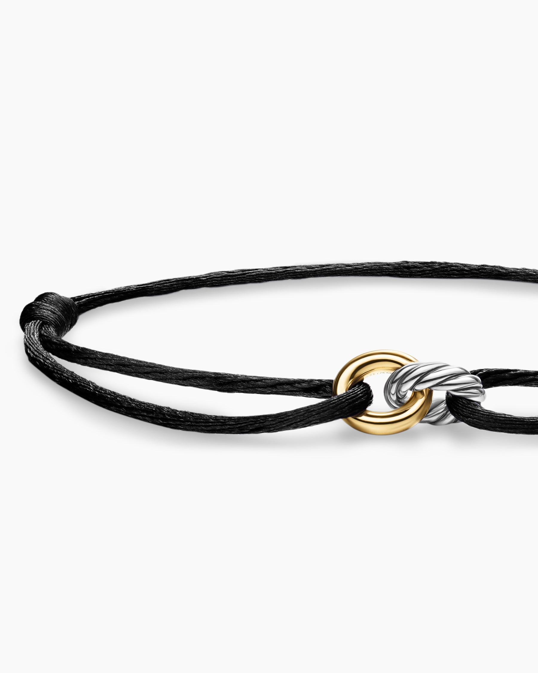 Sculpted Cable Linked Cord Bracelet in Black Nylon with Sterling Silver and 14K Yellow Gold, 8.7mm