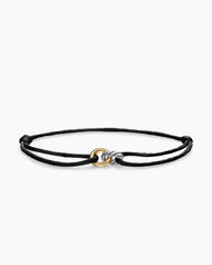 Sculpted Cable Linked Cord Bracelet in Black Nylon with Sterling Silver and 14K Yellow Gold, 8.7mm