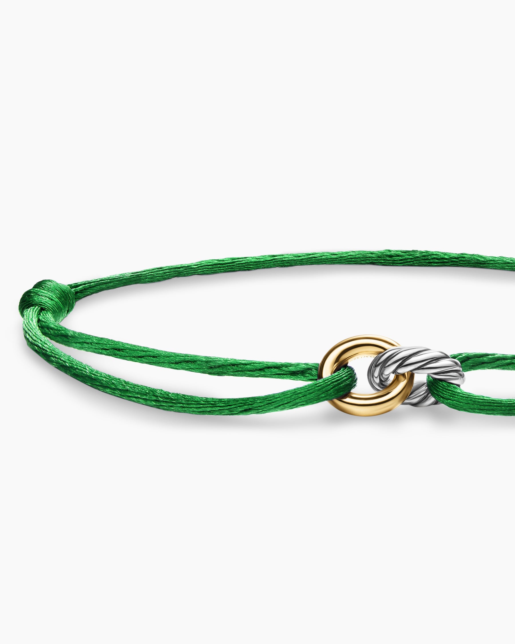 Sculpted Cable Linked Cord Bracelet in Green Nylon with Sterling Silver and 14K Yellow Gold, 8.7mm