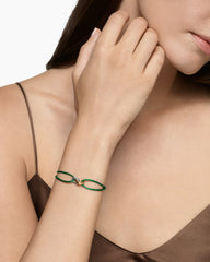 Sculpted Cable Linked Cord Bracelet in Green Nylon with Sterling Silver and 14K Yellow Gold, 8.7mm