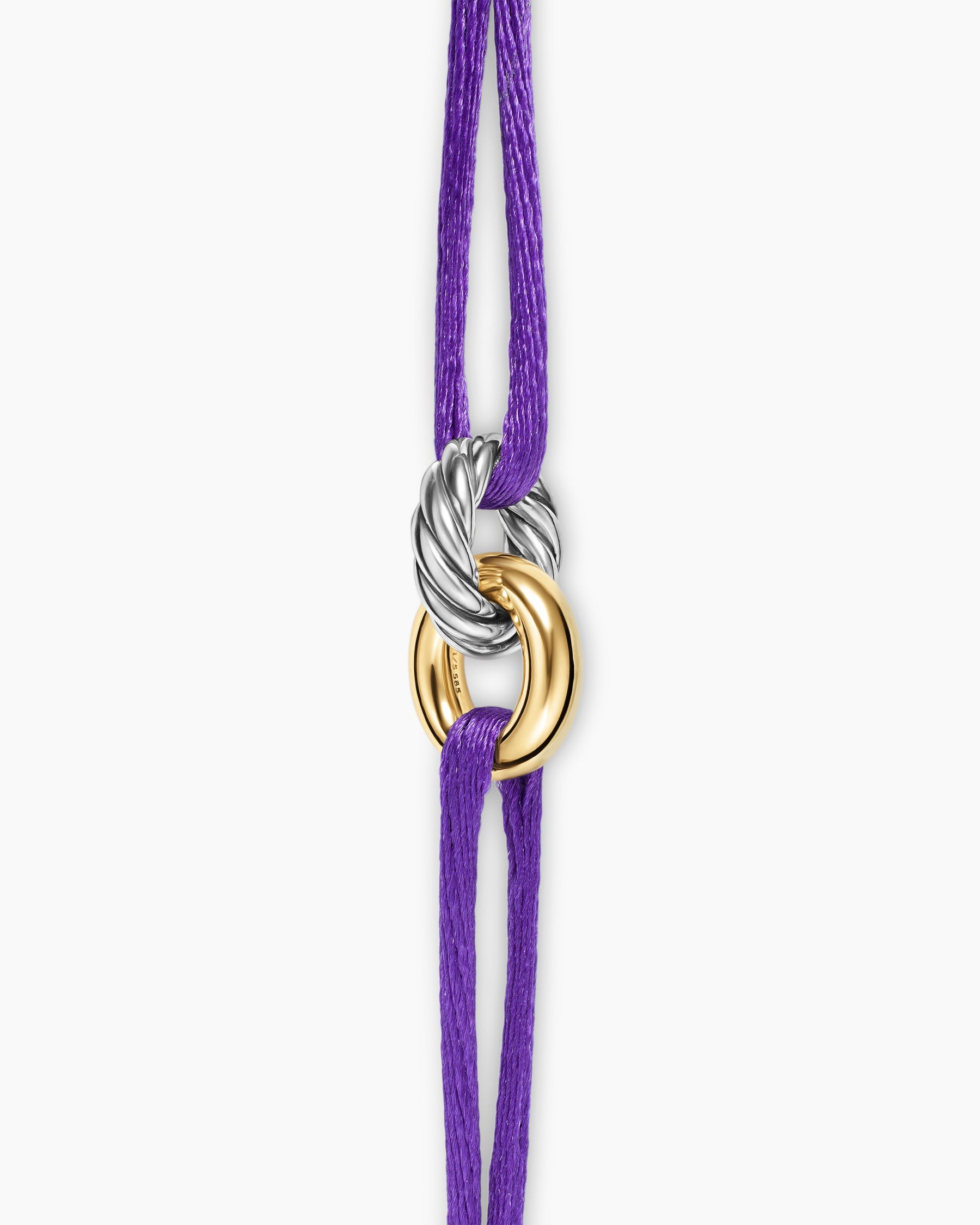 Sculpted Cable Linked Cord Bracelet in Purple Nylon with Sterling Silver and 14K Yellow Gold, 8.7mm