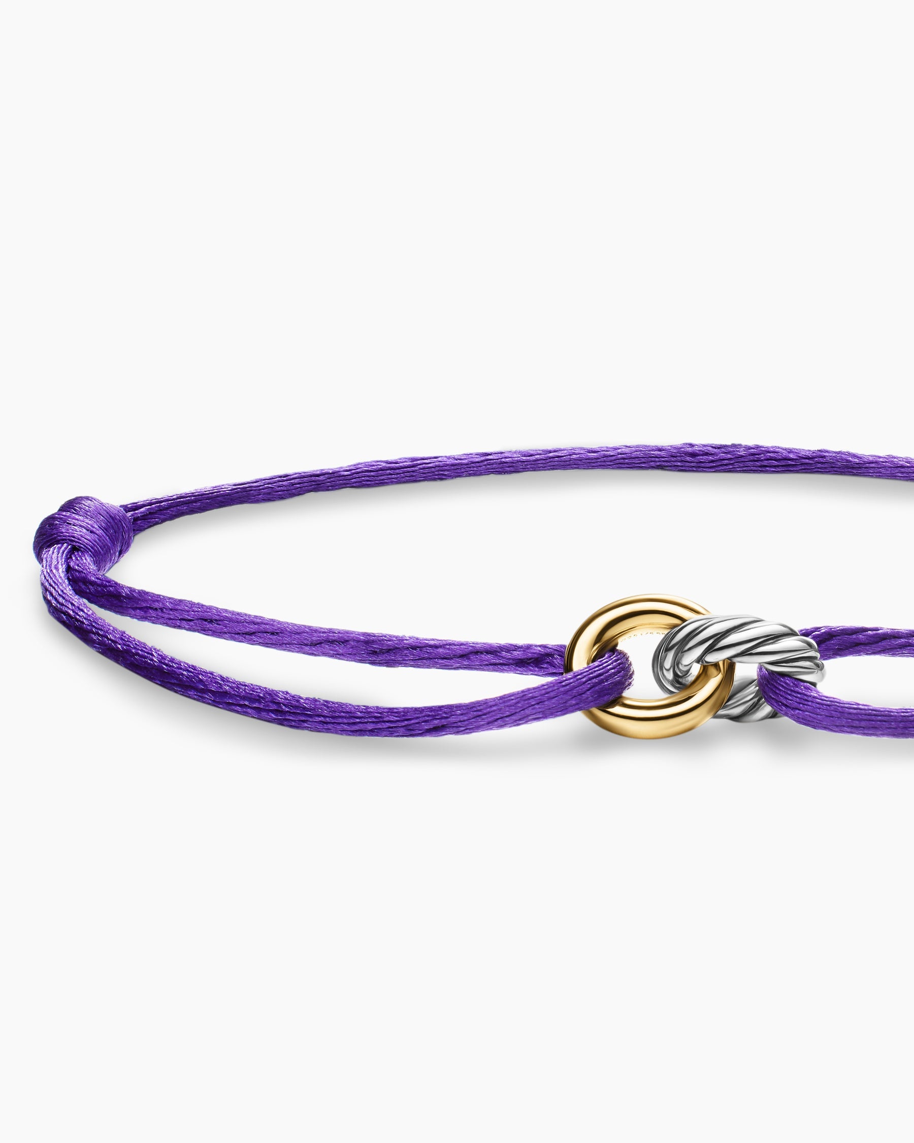 Sculpted Cable Linked Cord Bracelet in Purple Nylon with Sterling Silver and 14K Yellow Gold, 8.7mm