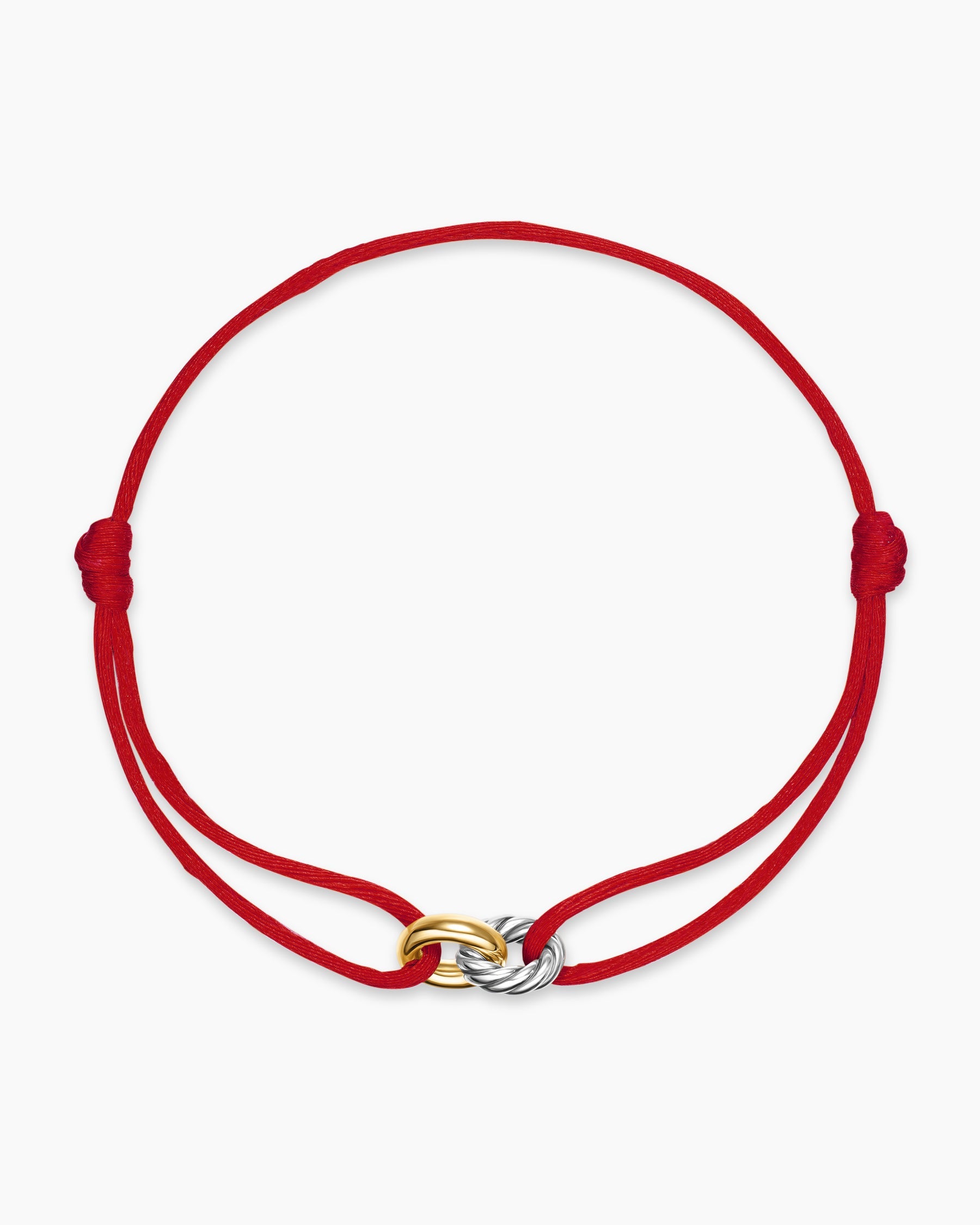 Sculpted Cable Linked Cord Bracelet in Red Nylon with Sterling Silver and 14K Yellow Gold, 8.7mm