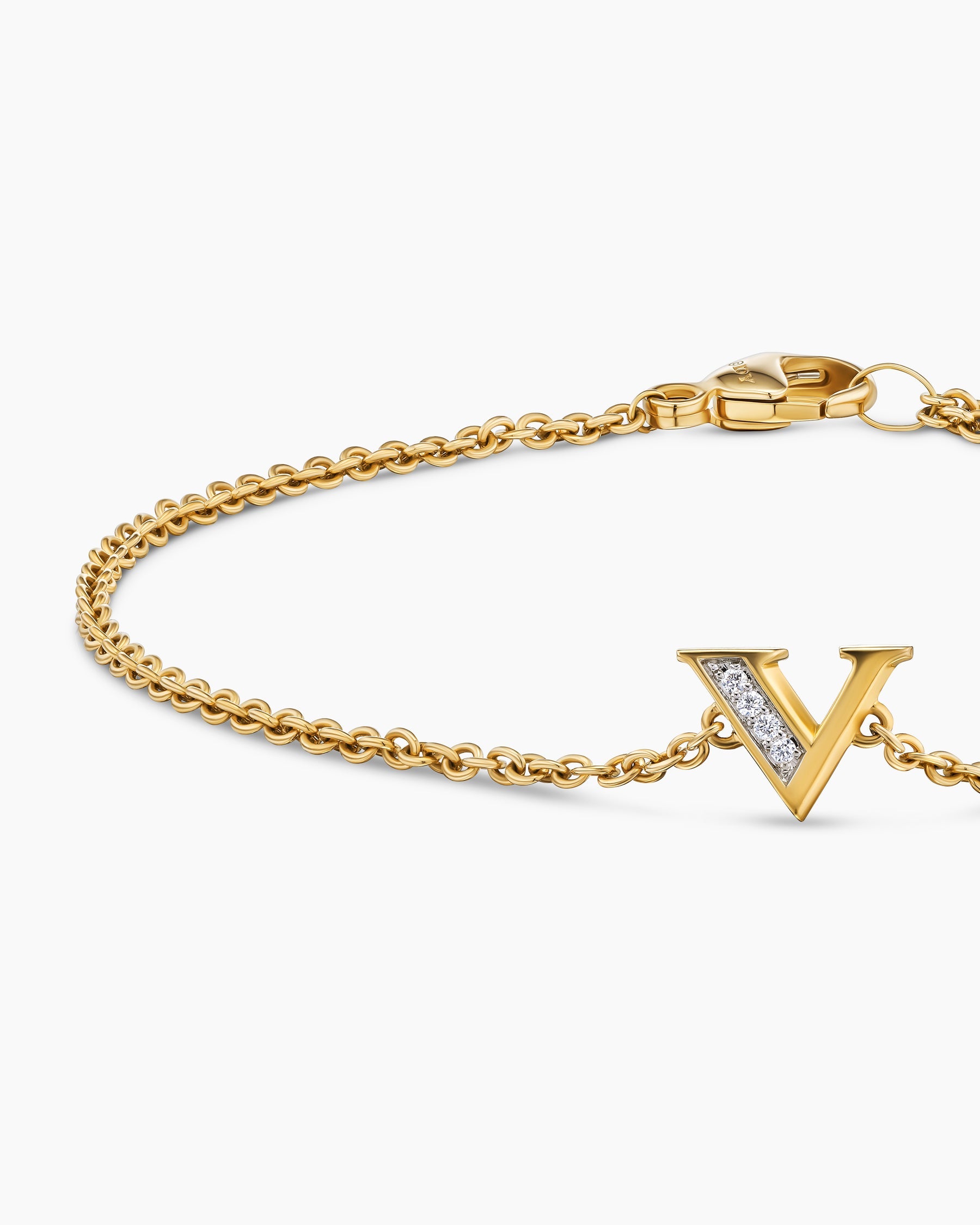 Petite Pavé Initial Chain Bracelet in 18K Yellow Gold with Diamond V