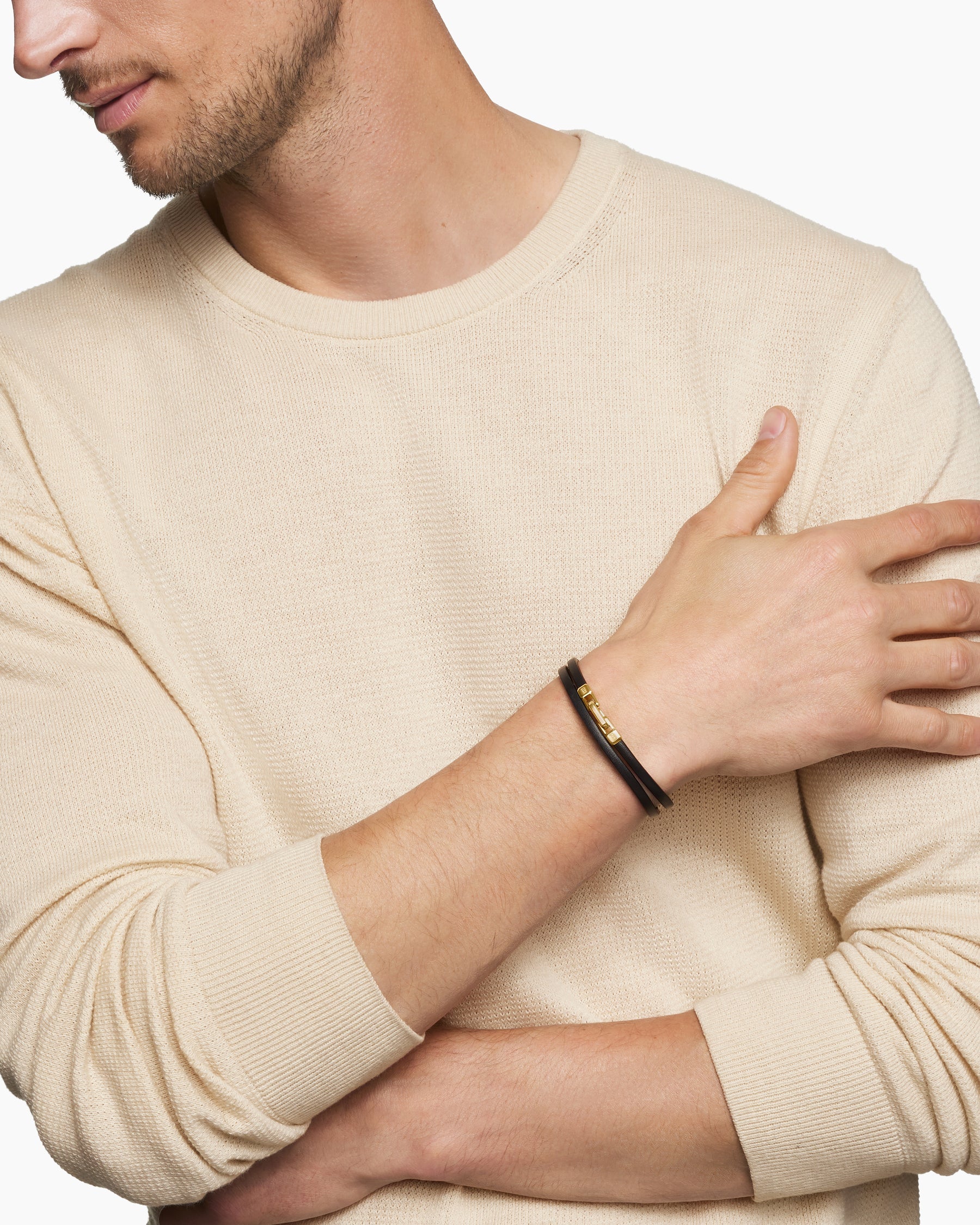 Streamline® Double Wrap Bracelet in Black Leather with 18K Yellow Gold, 5.2mm