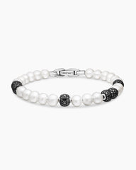 Spiritual Beads Bracelet in Sterling Silver with Pearls and Pavé Black Diamonds, 6mm