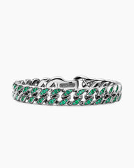 Curb Chain Bracelet in 18K White Gold with Emeralds, 11.5mm