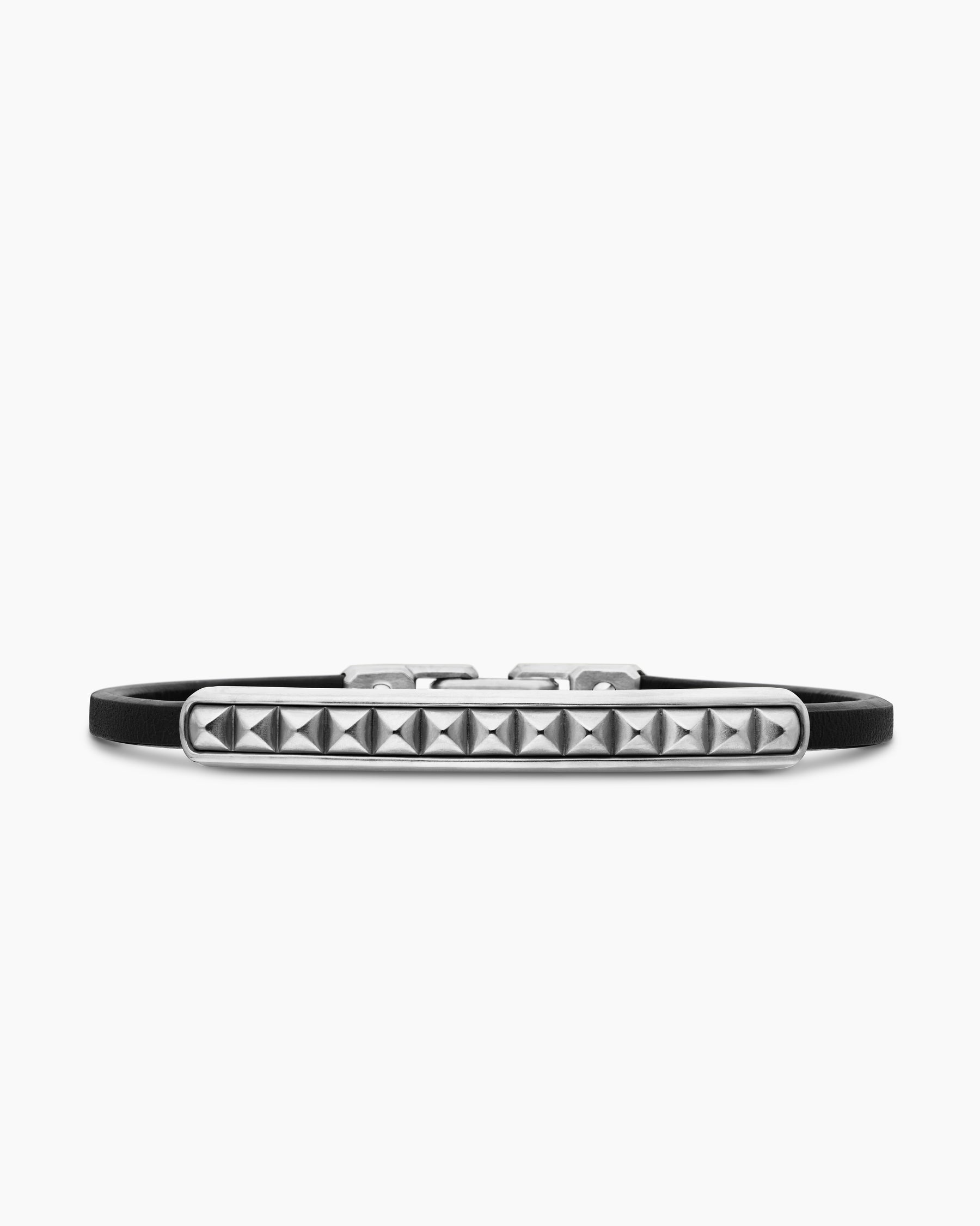 Pyramid ID Bracelet in Black Leather with Sterling Silver, 6.5mm