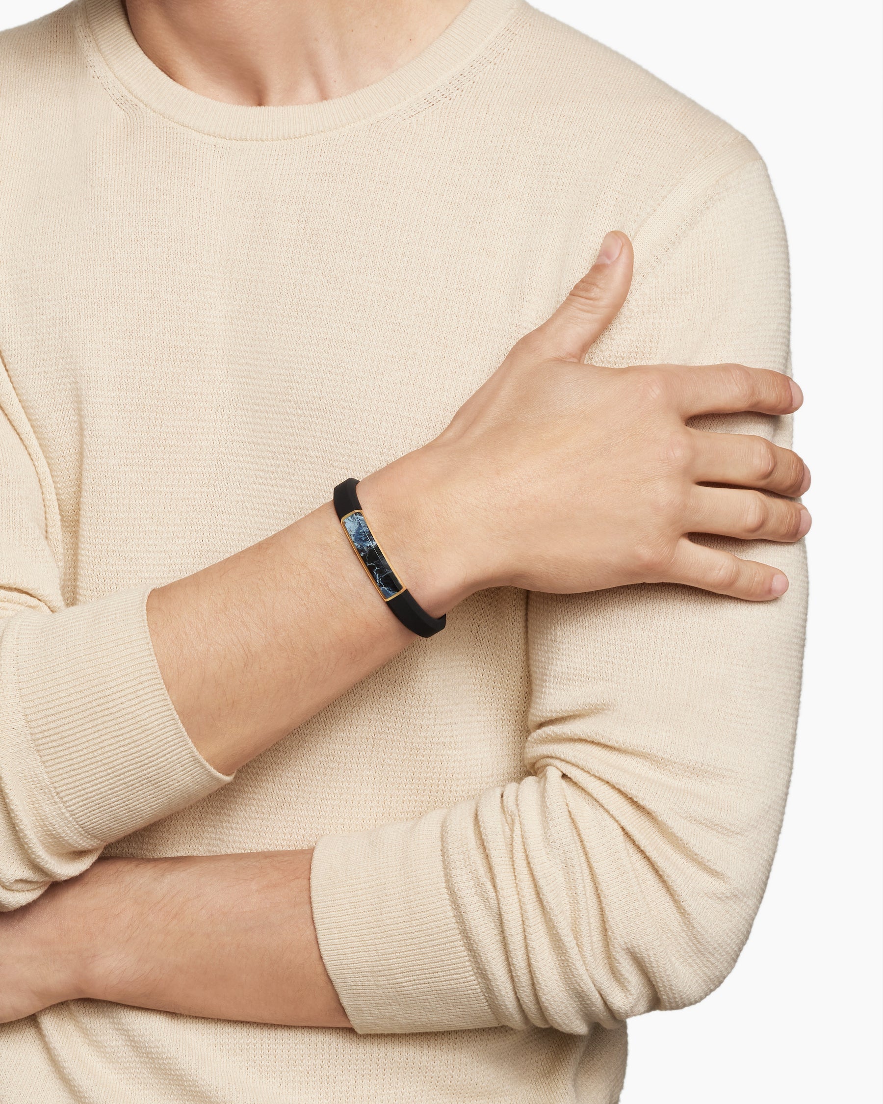 Streamline® ID Bracelet  in Black Rubber with Pietersite and 18K Yellow Gold, 10mm