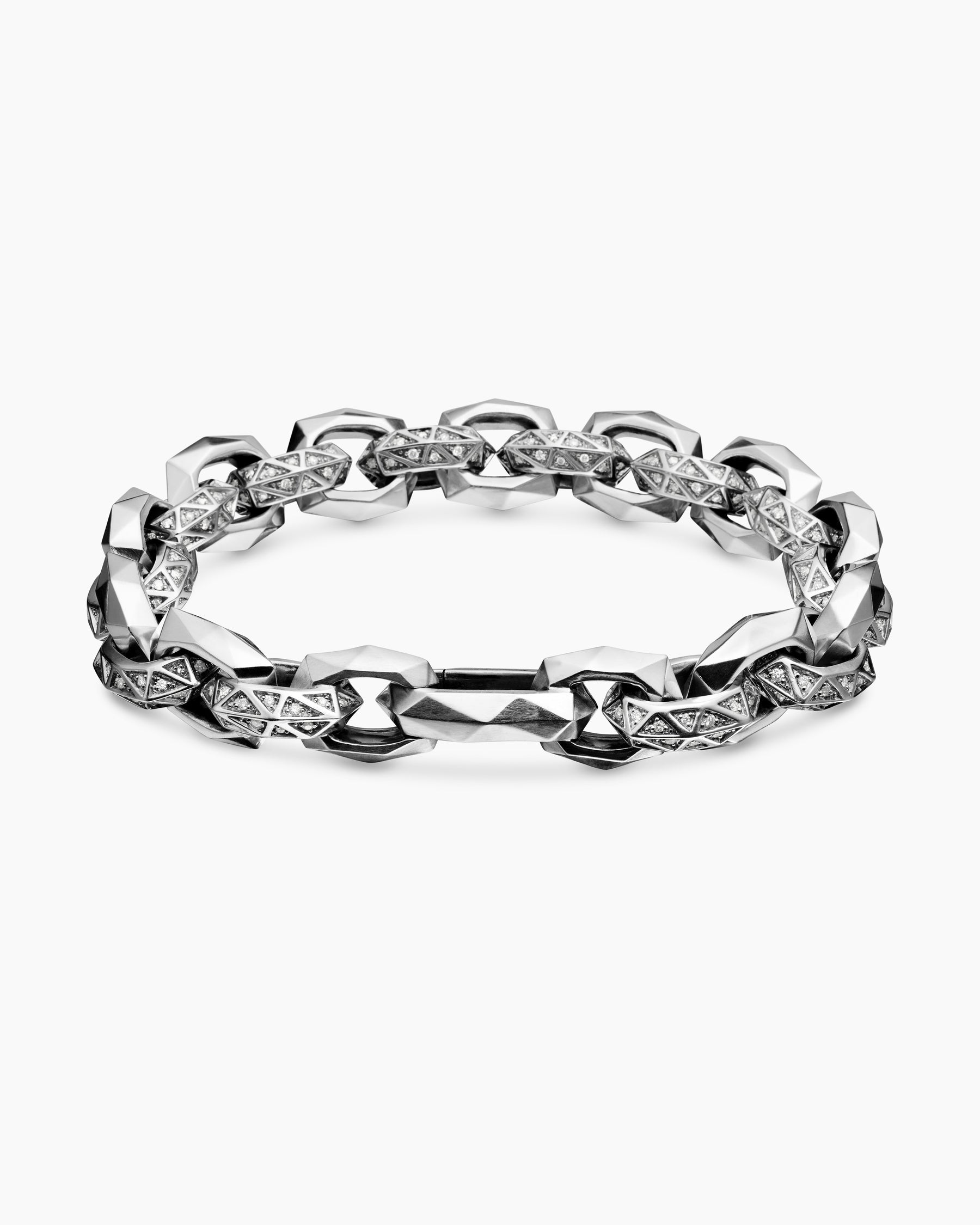 Torqued Faceted Link Bracelet in Sterling Silver with Diamonds, 11.6mm