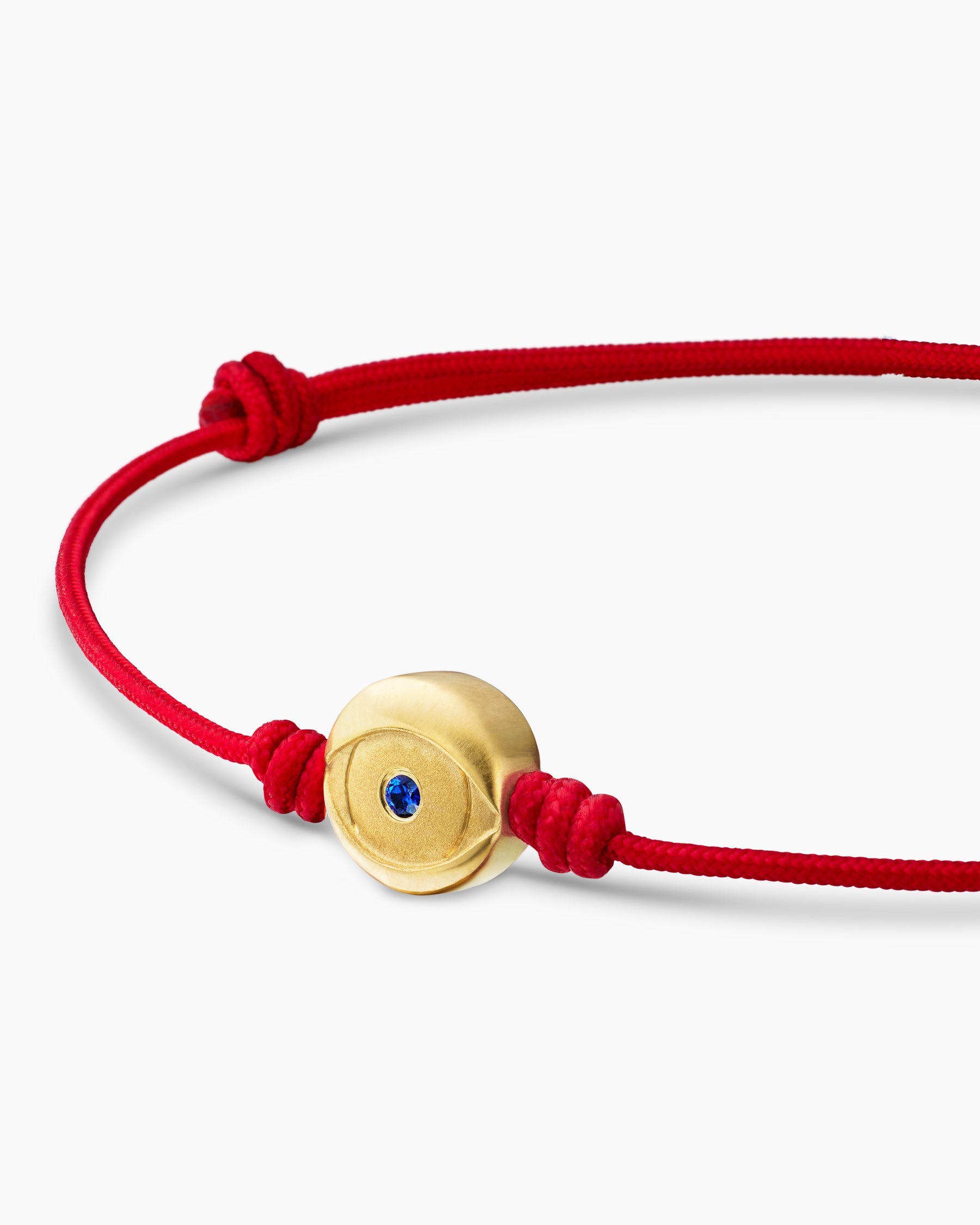 Evil Eye Cord Bracelet in Red Nylon with 18K Yellow Gold and Sapphire, 7.7mm
