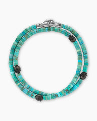 Memento Mori Skull Station Double Wrap Bracelet in Sterling Silver with Turquoise and Forged Carbon, 4mm