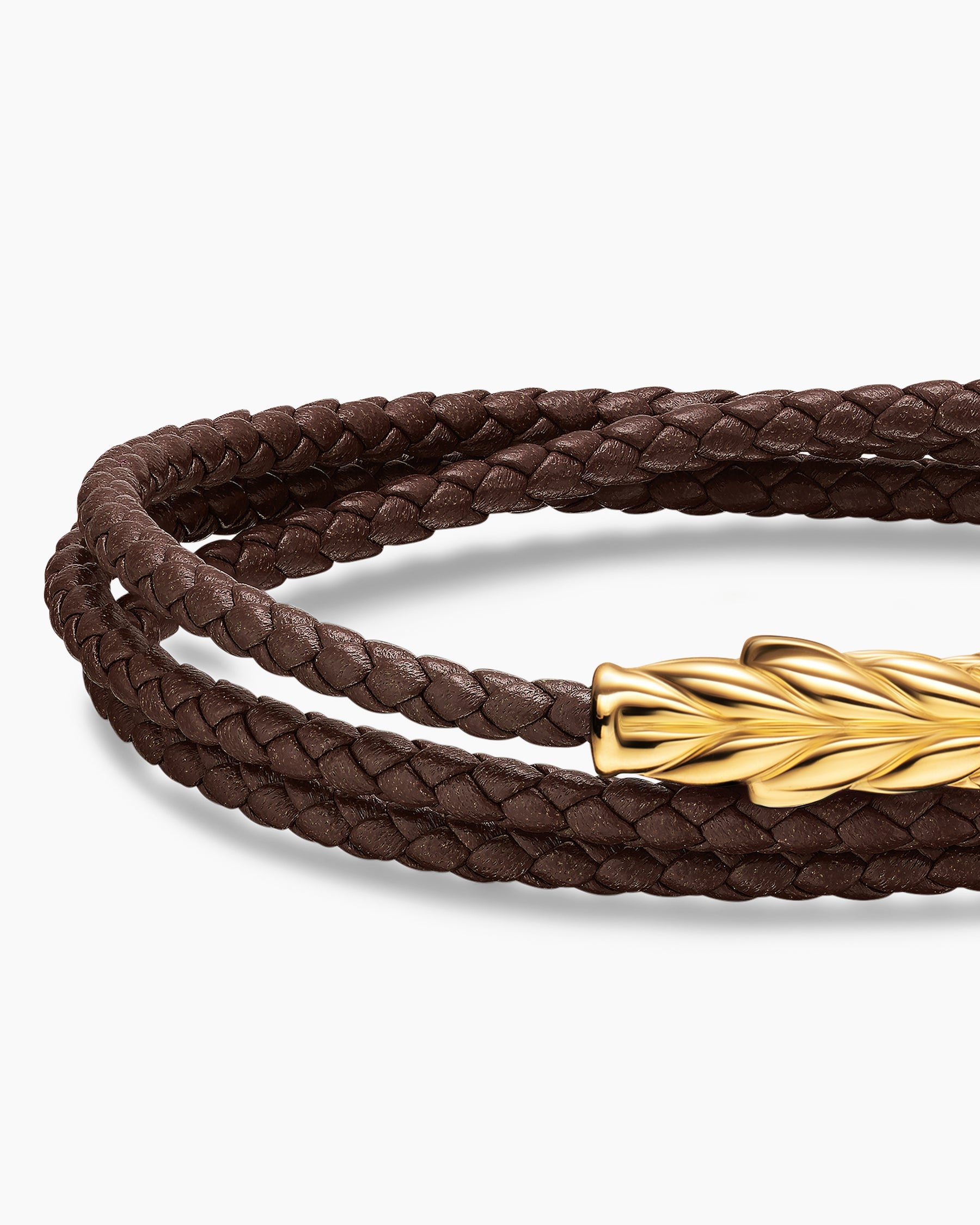 Chevron Triple Wrap Bracelet in Brown Leather with 18K Yellow Gold, 3mm