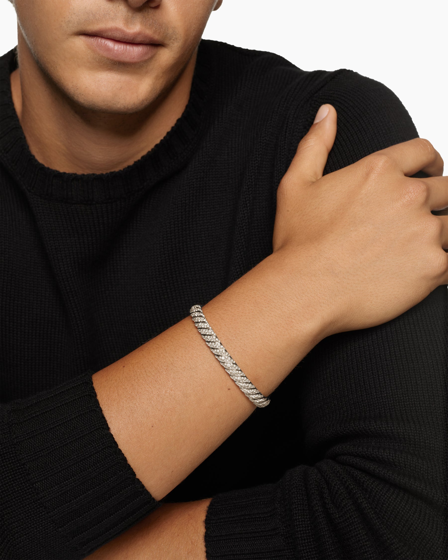 Sculpted Cable Cuff Bracelet in 18K White Gold with Diamonds, 7mm