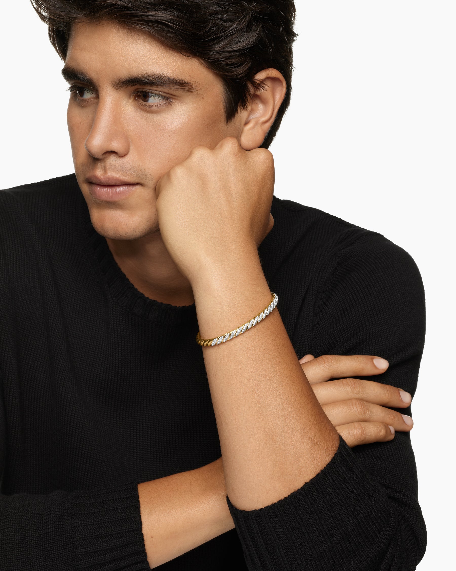 Sculpted Cable Cuff Bracelet in 18K Yellow Gold with Diamonds, 5.5mm