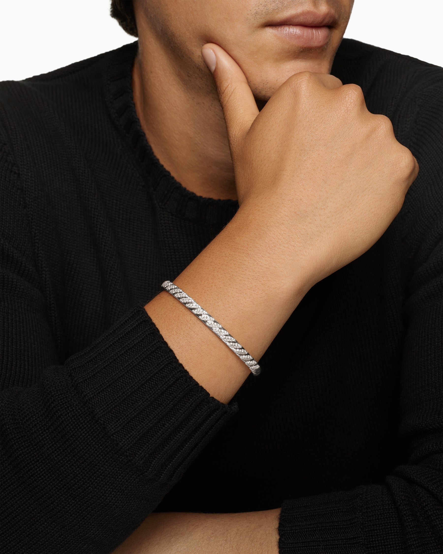Sculpted Cable Cuff Bracelet in 18K White Gold with Diamonds, 5.5mm