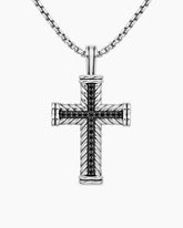 Chevron Cross Pendant in Sterling Silver with Black Diamonds, 41.5mm