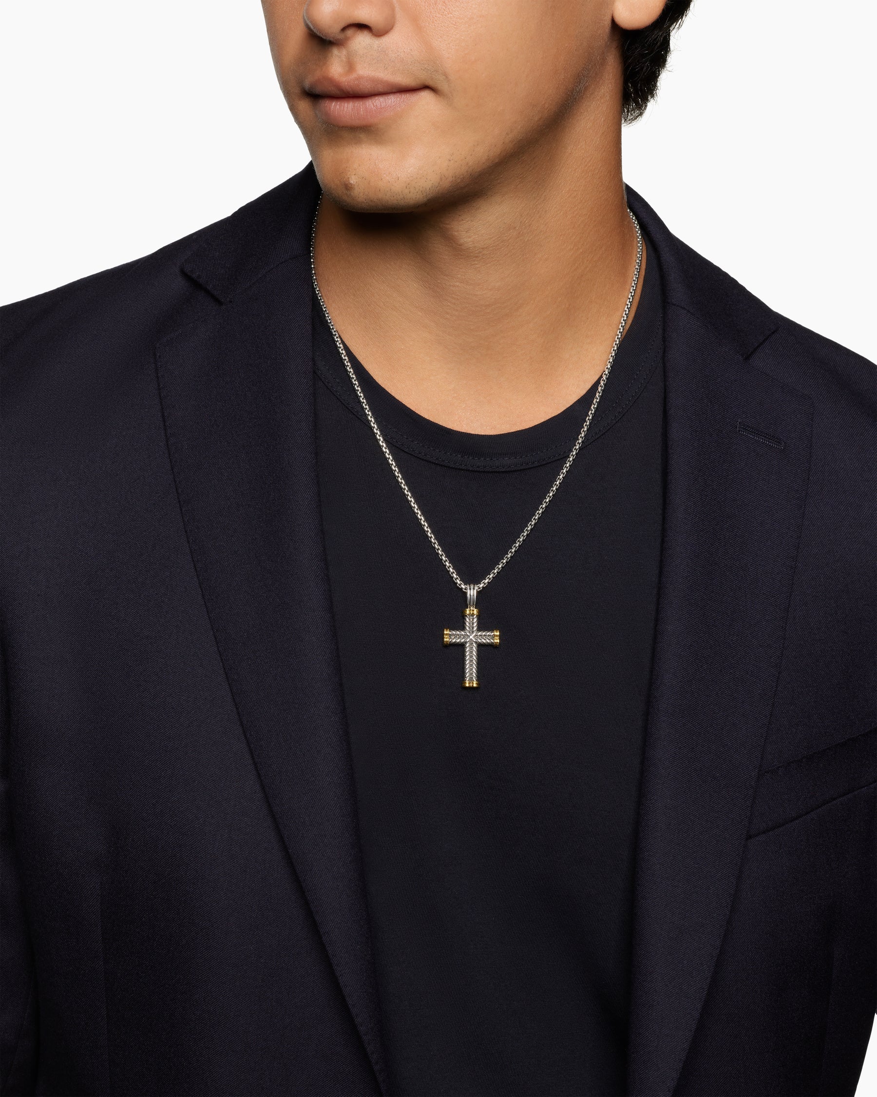Chevron Cross Pendant in Sterling Silver with 18K Yellow Gold, 33mm