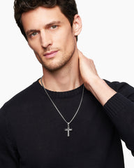 Chevron Cross Pendant in Sterling Silver with Black Diamonds, 33mm