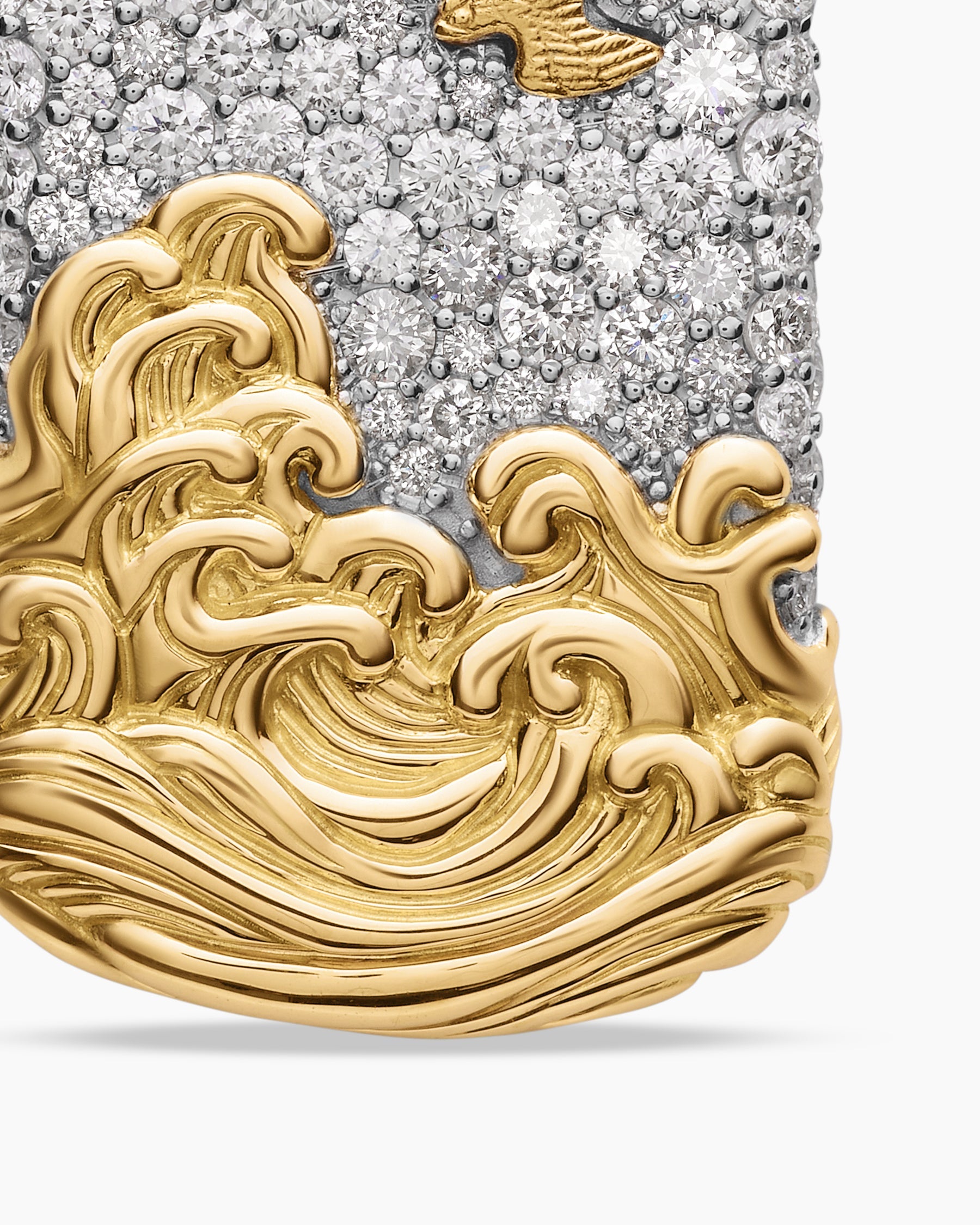 Waves Tag in Sterling Silver with 18K Yellow Gold and Diamonds, 35mm